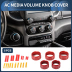 Set of 5 AC Media Volume Switch Knob Cover Rings for Dodge RAM (2018–2022) Red