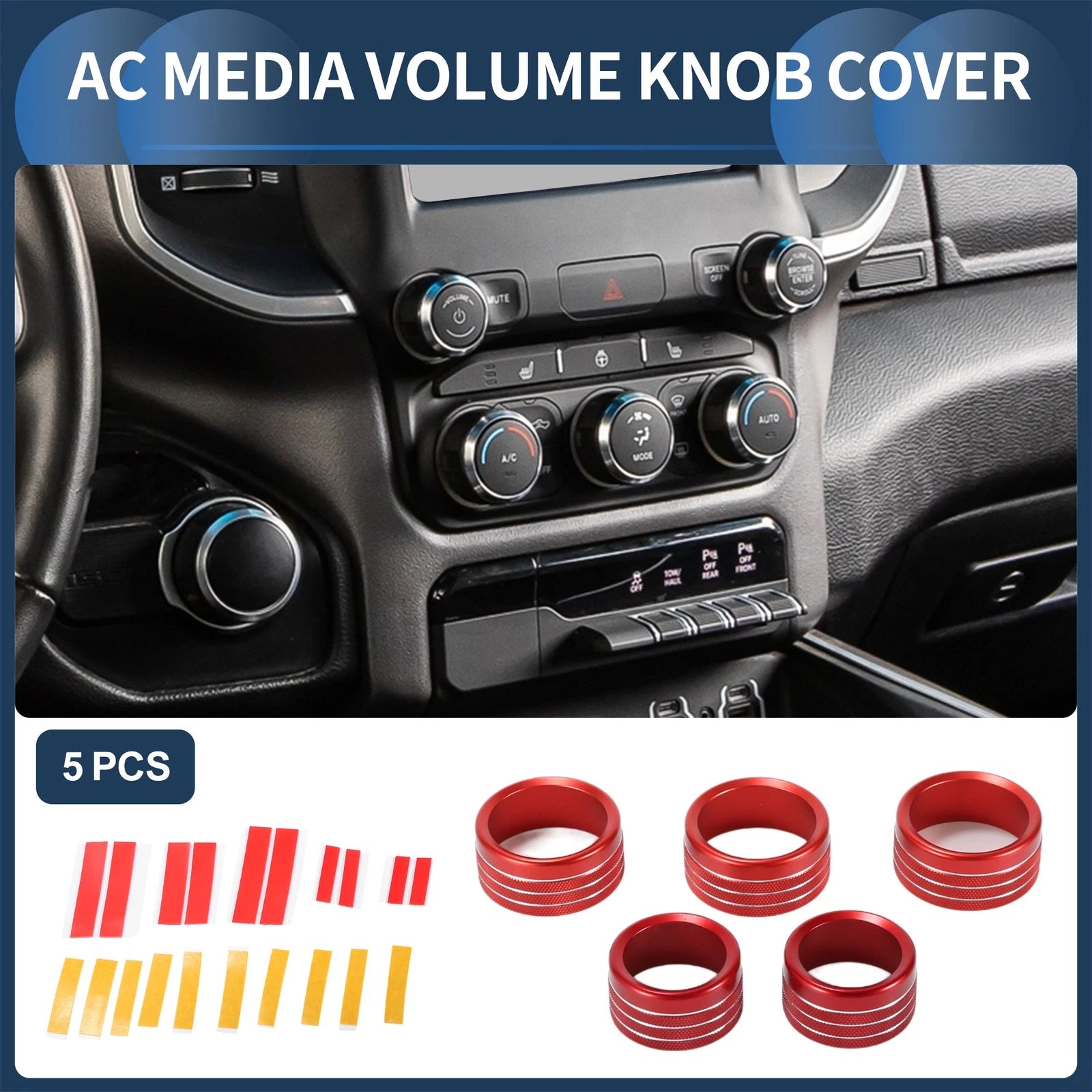 Set of 5 AC Media Volume Switch Knob Cover Rings for Dodge RAM (2018–2022) Red