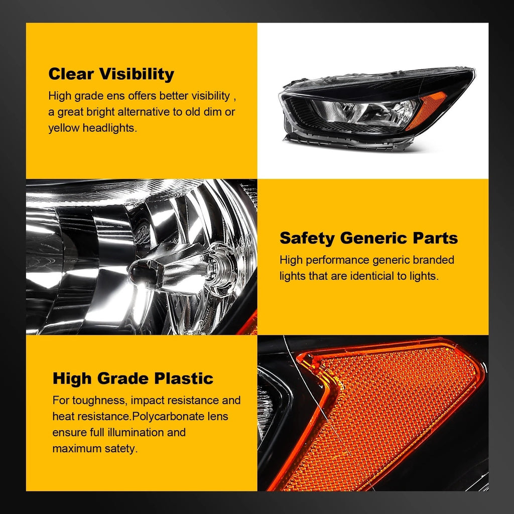2X Black Headlights with Bulbs for Ford Escape (2018–2019)