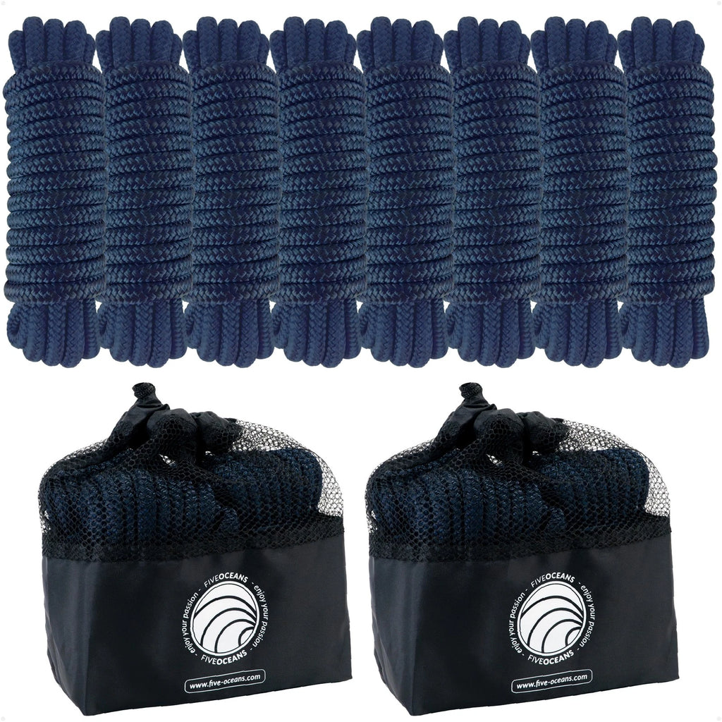 8-Pack 3/8" x 15' Boat Dock Lines with 12" Eyelet Navy Blue Nylon