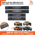 4x Black Stainless Door Step Protectors for Ford Ranger Wildtrak Sport (12-25)