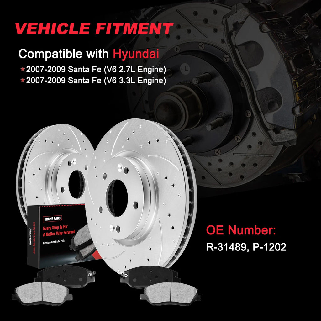 Set of 2 Front Disc Brake Rotors & Pads for Hyundai Santa Fe (2007–2009)