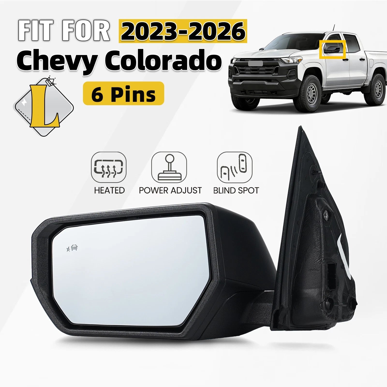Left Side Mirror for Chevy Colorado (2023–2026) W/Heated, BSD, Power Adjust, 6 Pins