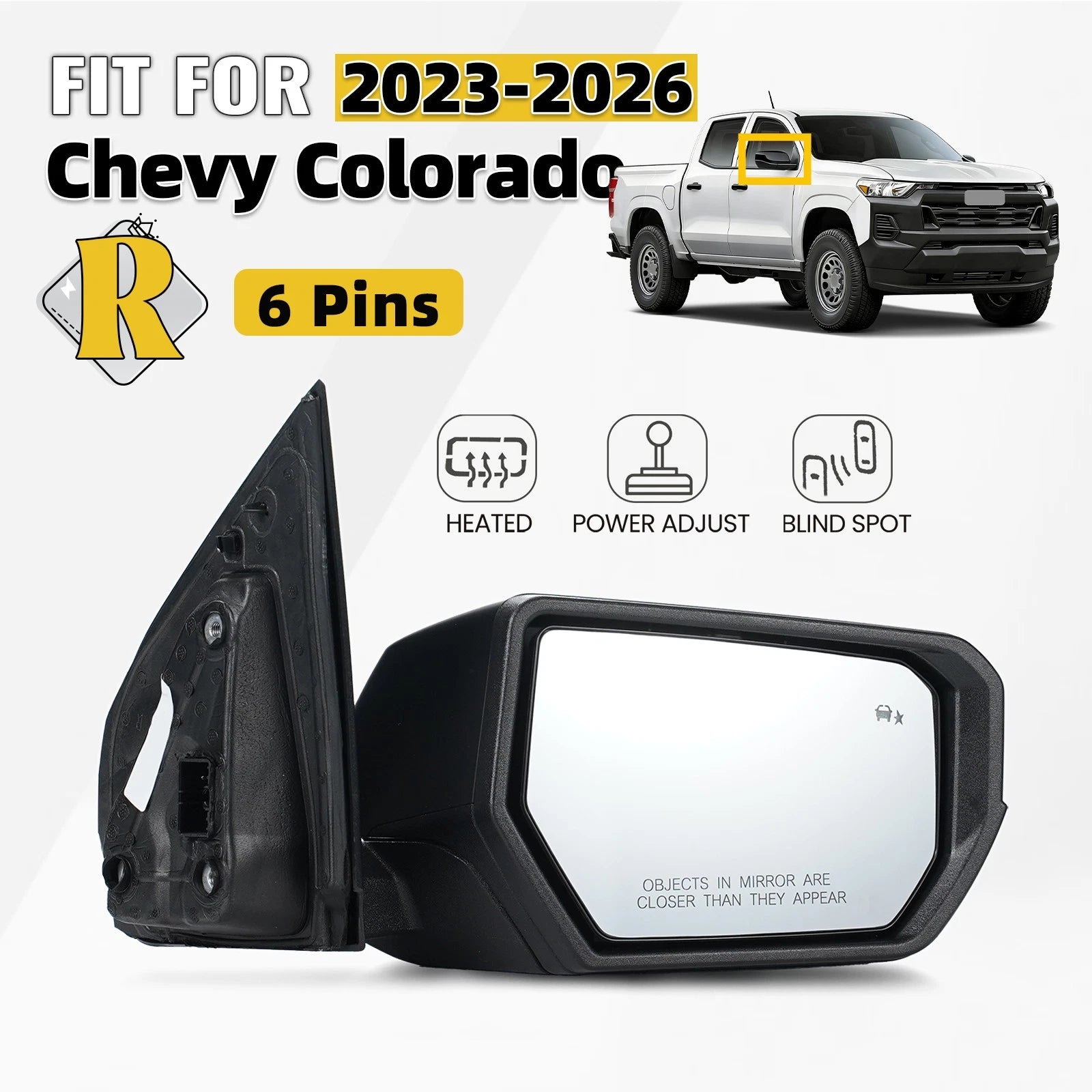 Right Side Mirror for Chevrolet Colorado (2023–2026) W/Heated, Blind Spot, 6 Pins