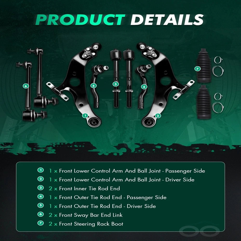 10Pcs Front Lower Control Arm Tie Rod End Sway Bar for Toyota Sienna (2004–2010)