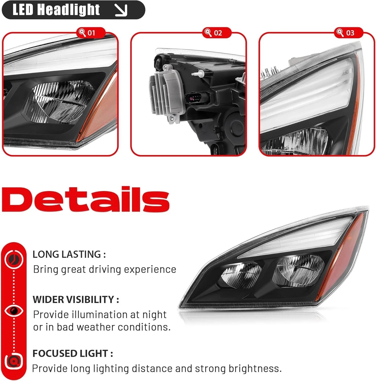 LED Headlight for Freightliner Cascadia (2018–2025) LH Black Headlamp