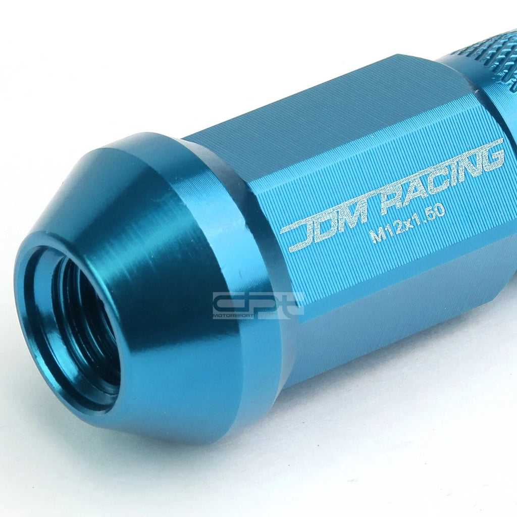Set of 20 Open End M12x1.5 50mm Tall Sky Blue Aluminum Lug Nuts + Adapter