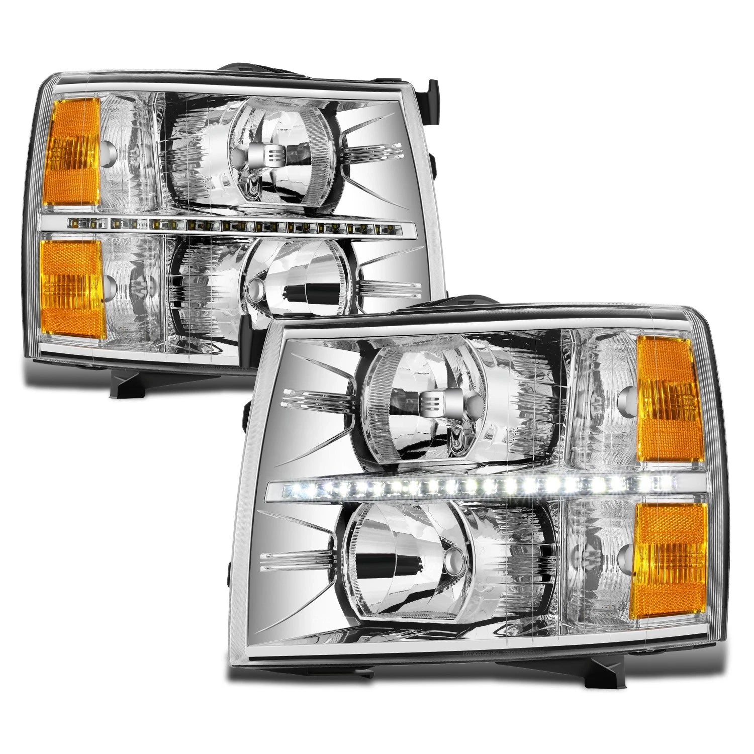 LED DRL Strip Headlight for Chevy Silverado (2007–2014) Chrome Housing Amber Side