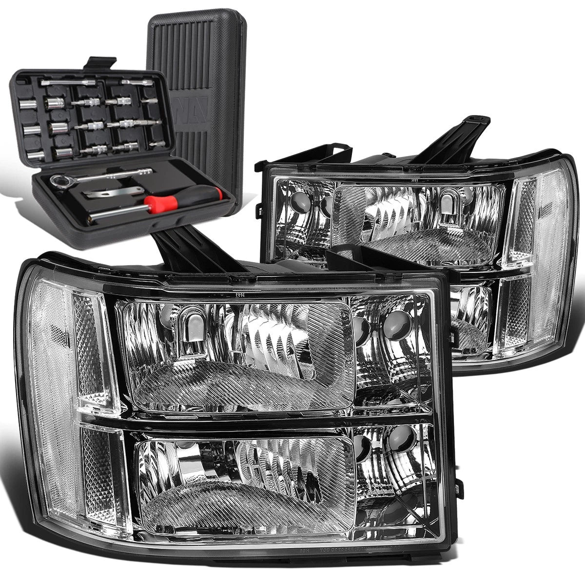 Pair of Chrome/Clear Signal Headlight Lamps for GMC Sierra 1500 (2007–2013)