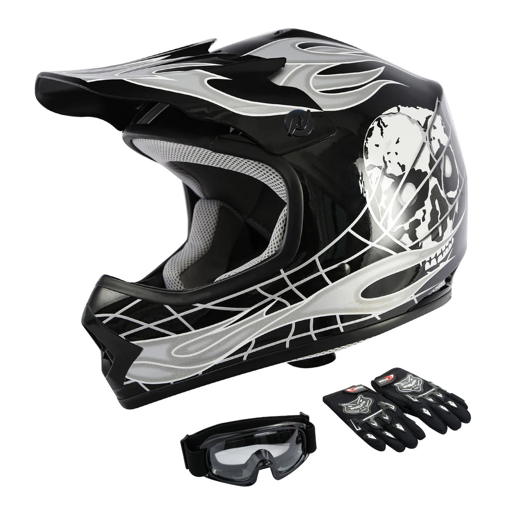 Youth Motocross Helmet Goggles Gloves for Kids ATV Dirt Bike (S-XL) Black