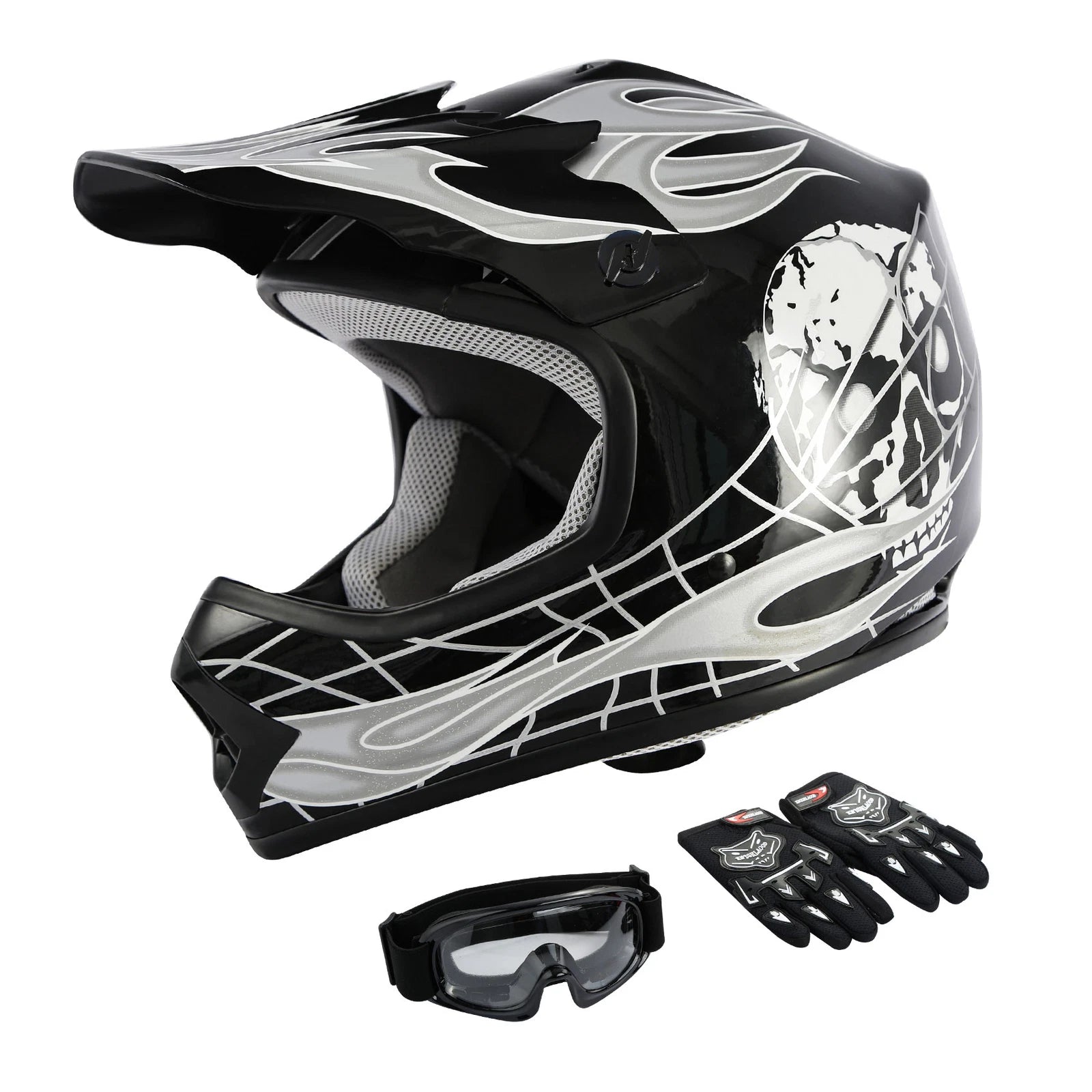 Youth Motocross Helmet Goggles Gloves for Kids ATV Dirt Bike (S-XL) Black