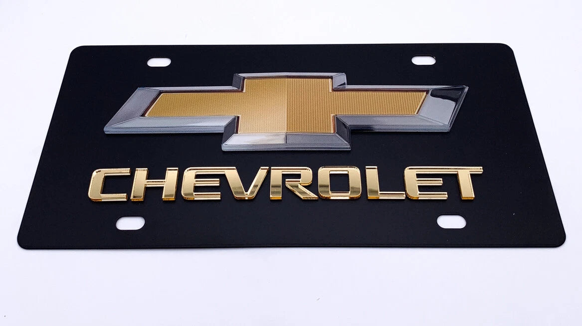 3D Premium Chevrolet Bowtie Gold Script Logo Black License Plate for Chevy (2000–2024)