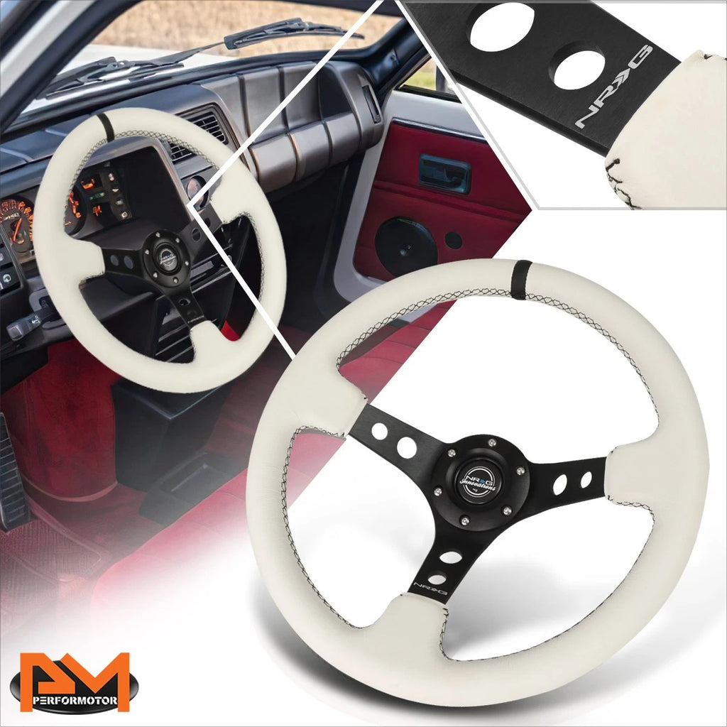 NRG RST-006BK-WT-B 350mm 3" Deep White Leather Black Stitch Steering Wheel