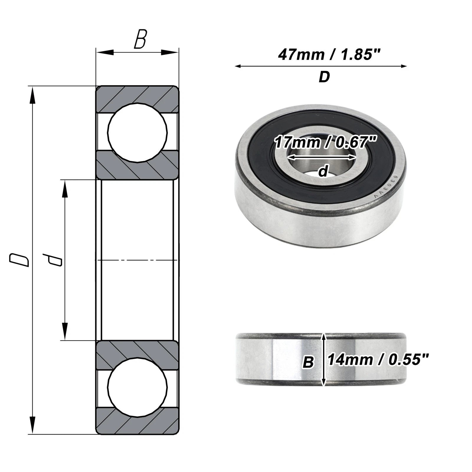 6303VV Deep Groove Ball Bearing for Scooter Skateboard Wheel (17x47x14mm)