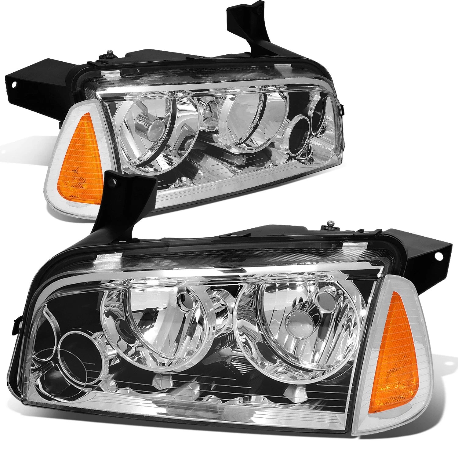 Chrome Housing Clear Headlight + Amber Corner + LED Fog Light Set for Dodge Charger (2006–2010)