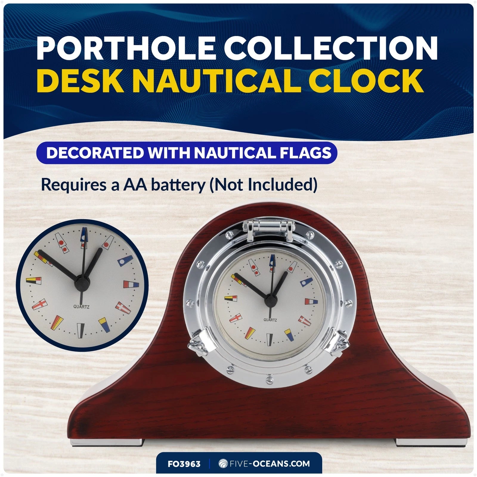 Porthole Collection Nautical Tambour Clock for Desk (Hardwood Mahogany)