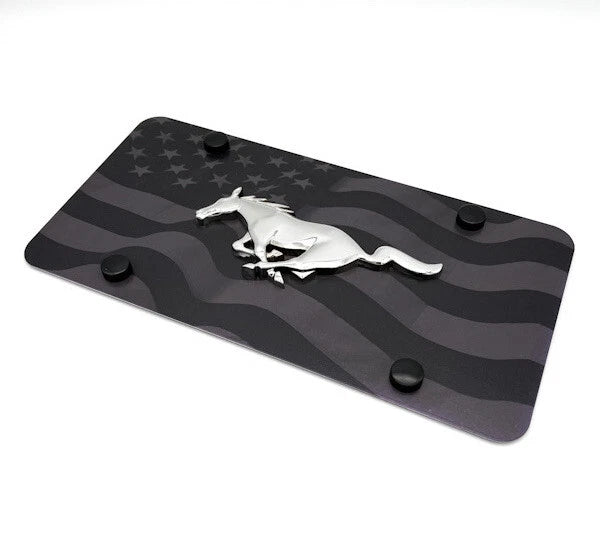 License Plate Frame Premium Black Wave American Flag for Ford Mustang (2015–2024)