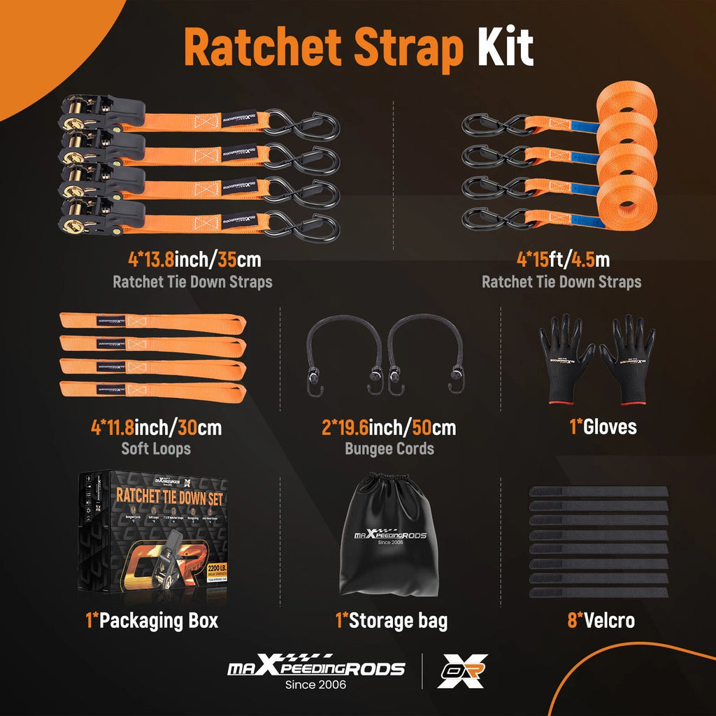 Set of 4 Ratchet Tie Down Straps for Motorcycle Truck (1 inch, 2200 lb)