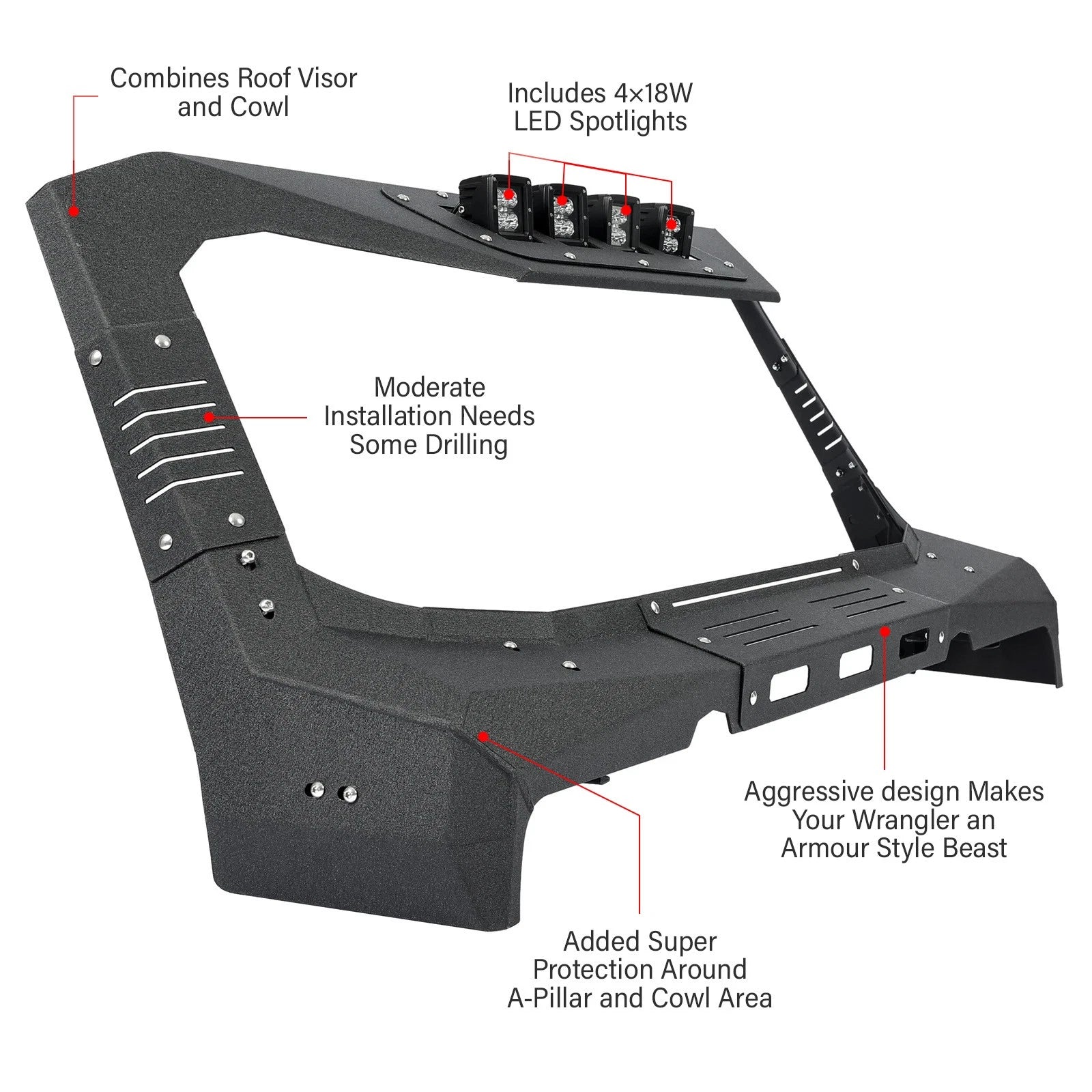 Windshield Frame Visor Cowl Armor for Jeep Wrangler JK (2007-2018)