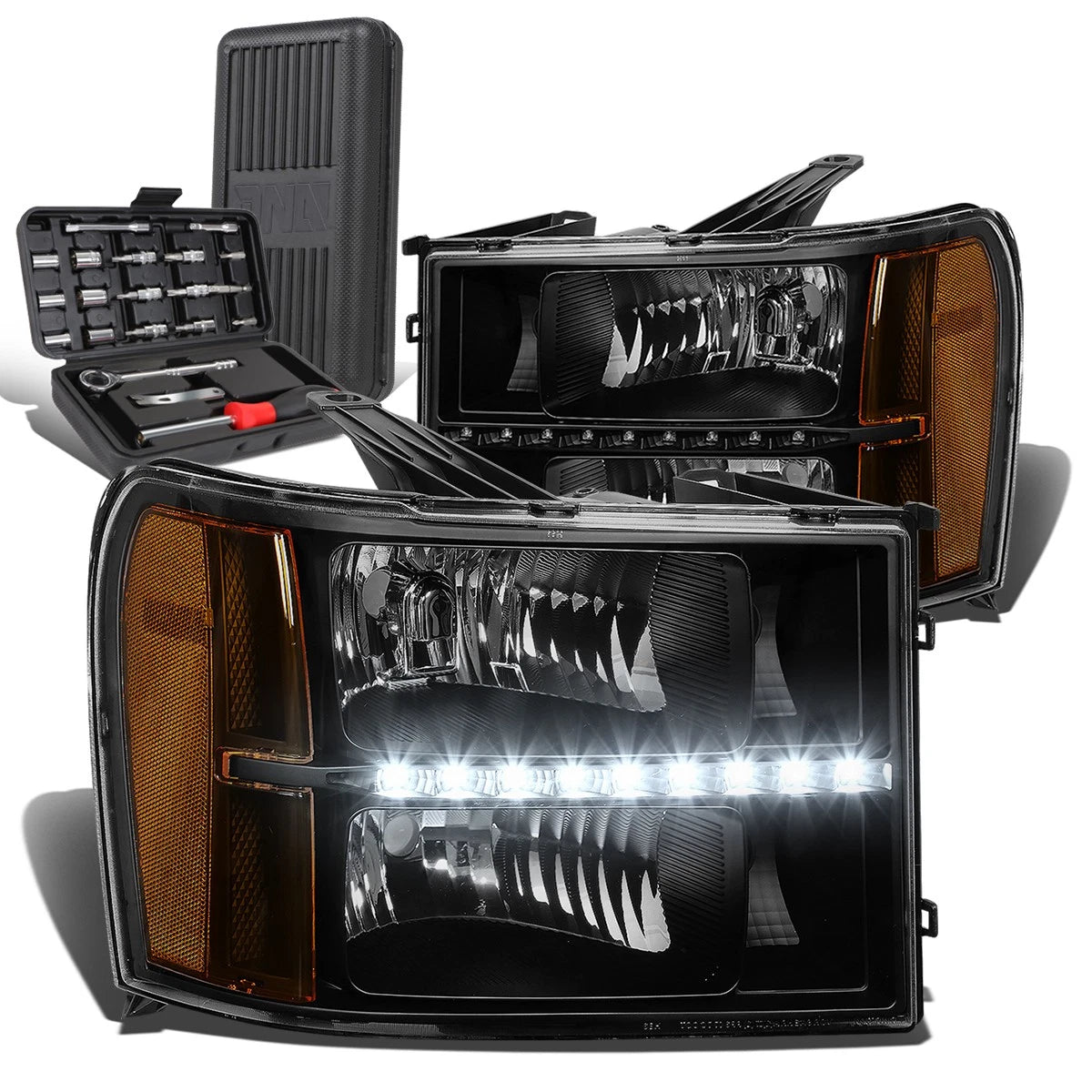 LED DRL Black Housing Amber Side Headlights for GMC Sierra (2007–2014)