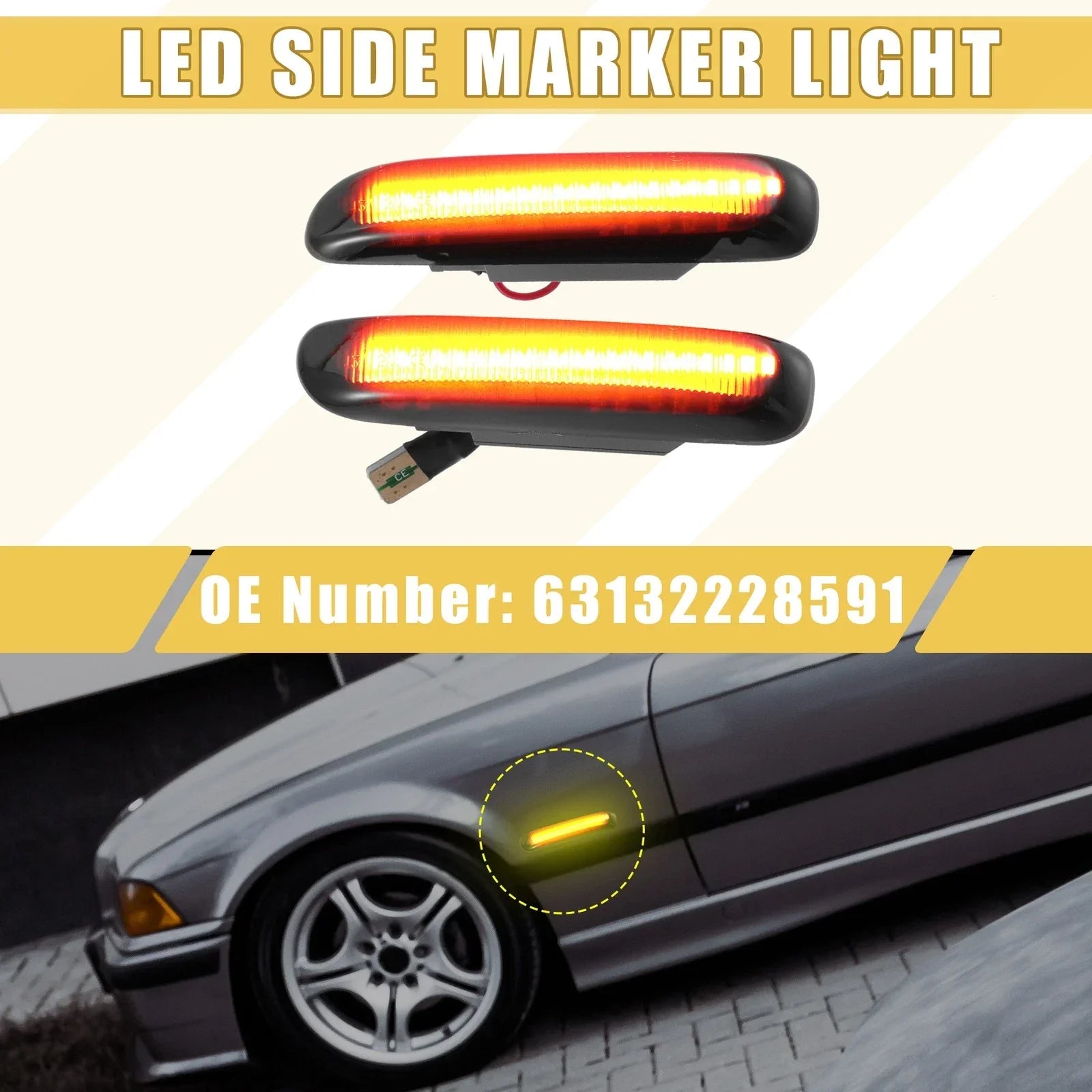 Front LED Side Marker Light for BMW Black Lens Amber Light 1 Pair