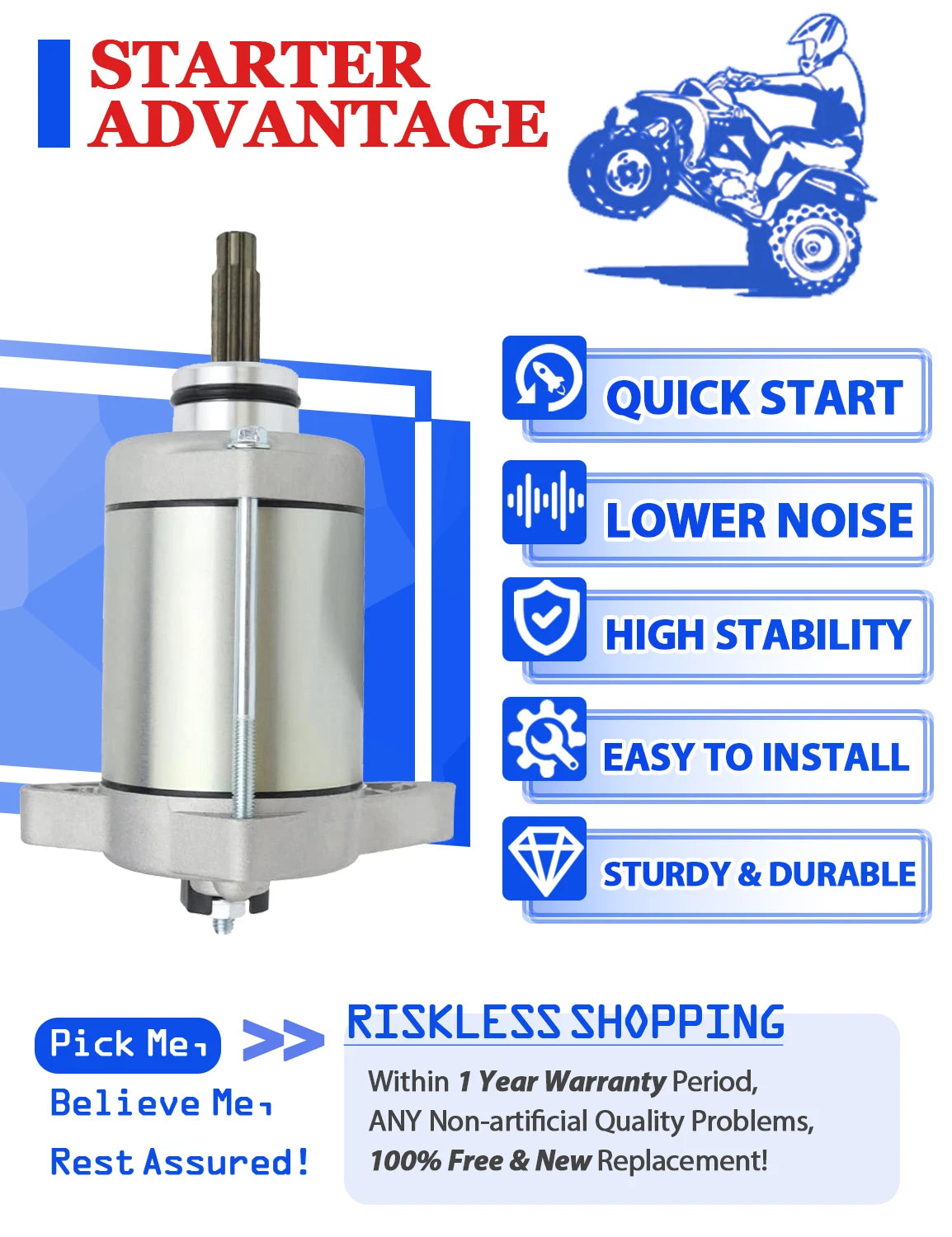 Starter Motor for Honda Foreman 500 TRX500FE (2012–2019) with Relay