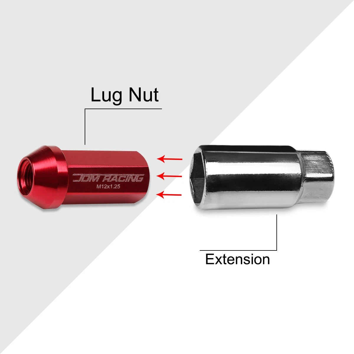 Set of 20 M12X1.25 Red Closed End Cone Hex Wheel Lug Nuts + 25mm Extension