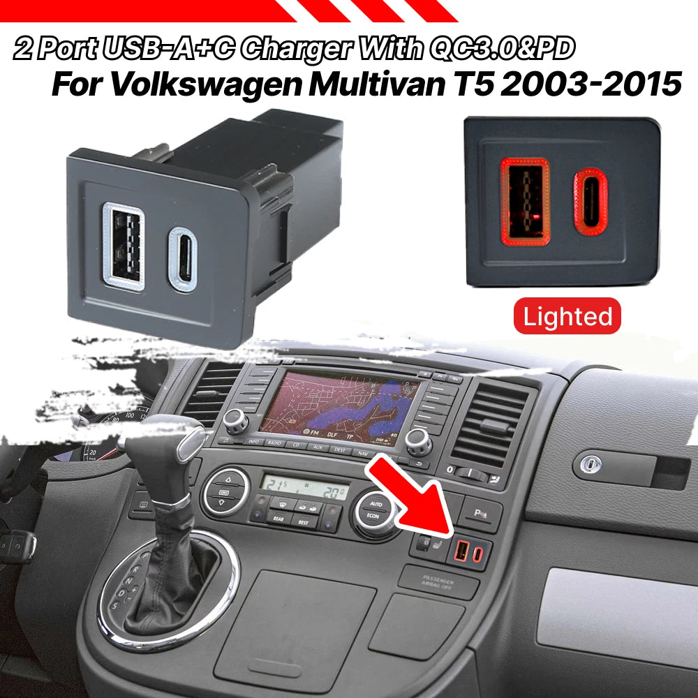 2 Port USB-C PD + USB-A QC Fast Charger Kit for VW Multivan T5 (2008–2015)
