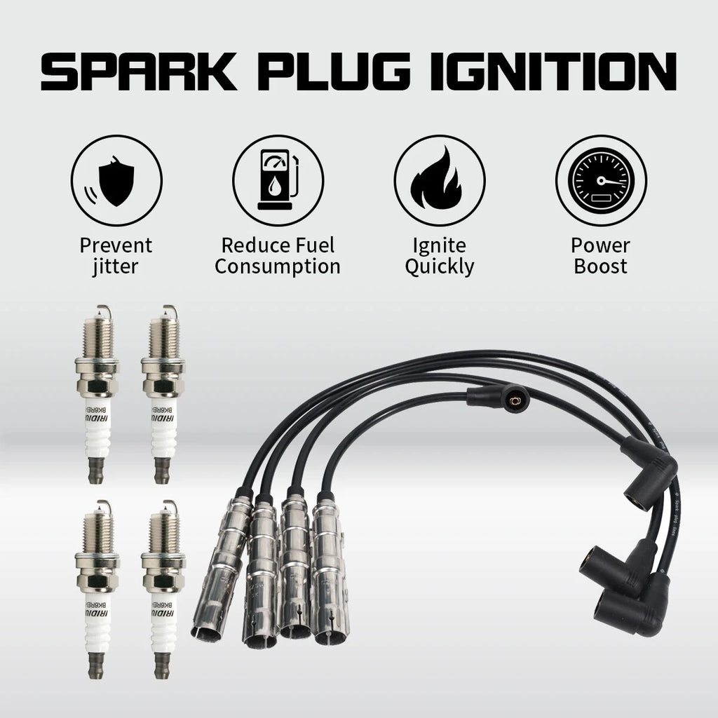 Set of 4 Spark Plugs + 4 Wires for VW Seat Beetle Golf Jetta (1998–2015) 06A905430AH