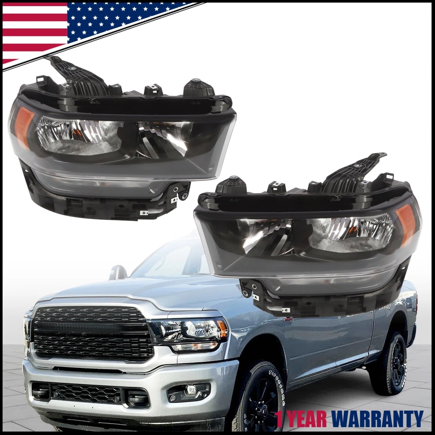 Set of 2 Halogen Headlights for Ram 2500 3500 (2019–2024) Left+Right Black