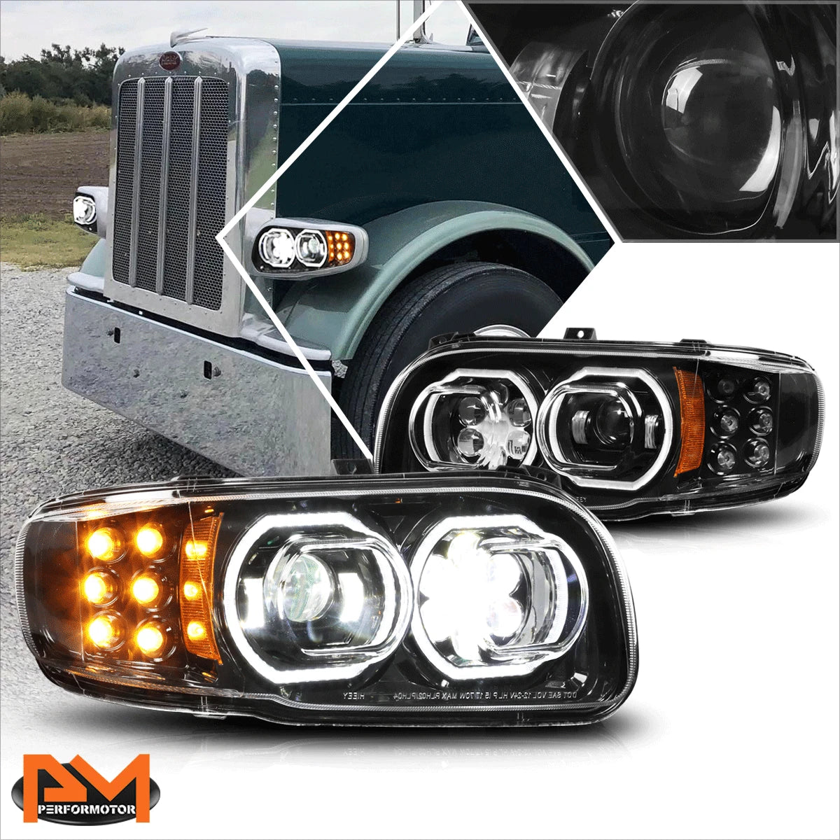 Dual LED Halo Projector Headlights for Peterbilt 388 389 567 (2008–2022)