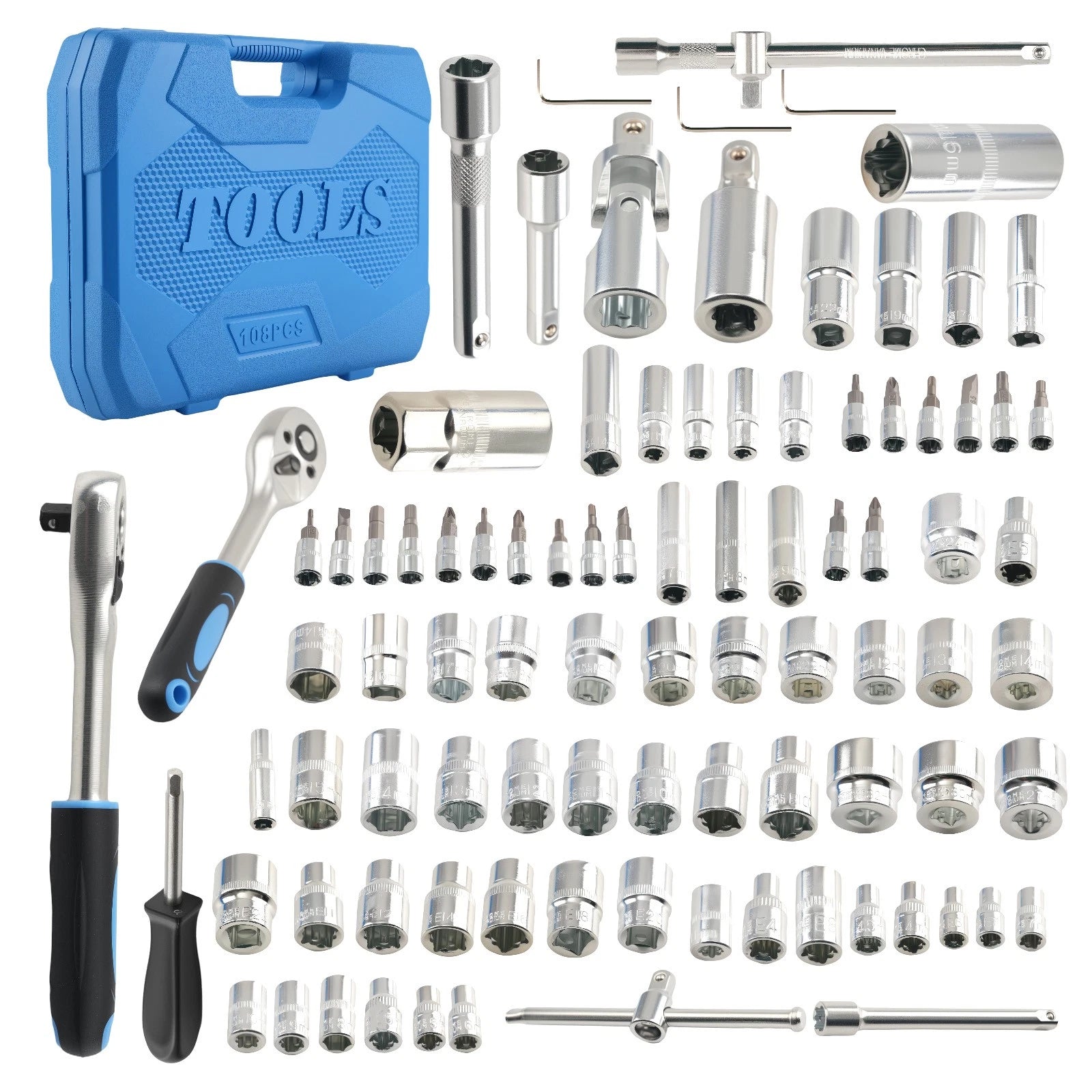 108PCS Tool Kit for Mechanics (1/2 & 1/4 Drive, Sockets 10-32mm)