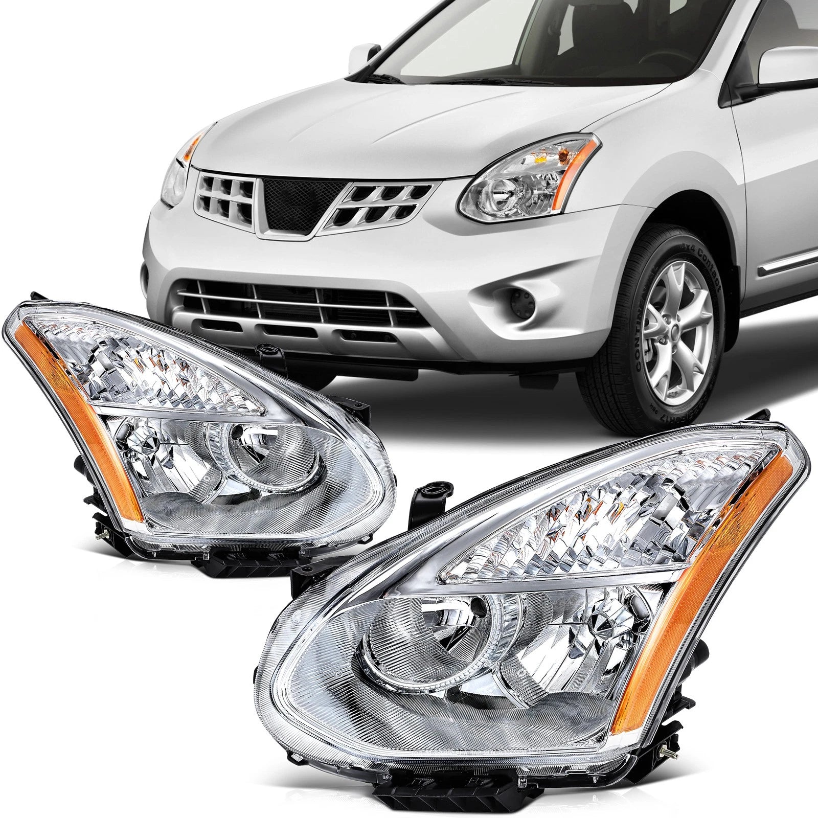 2X Headlight Assembly for Nissan Rogue (2012–2015) Chrome Amber