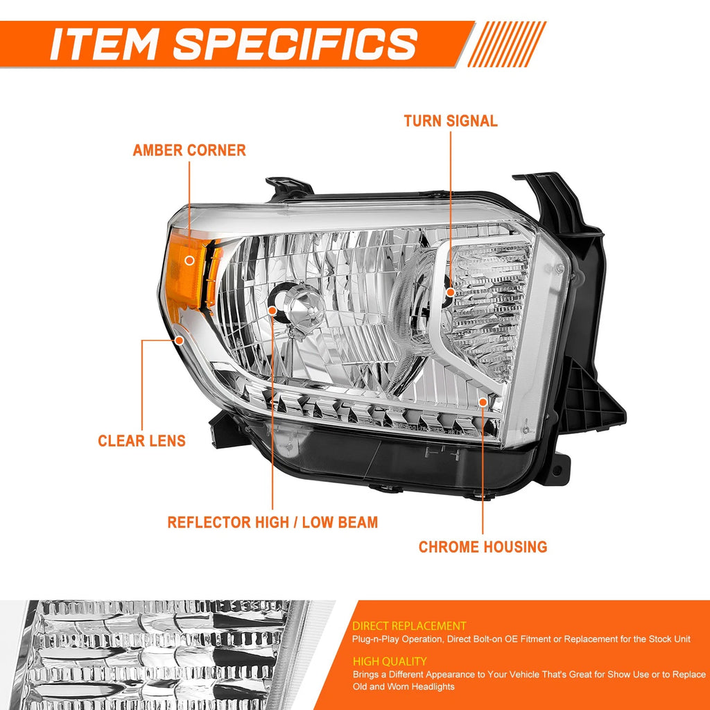Passenger Side Chrome Housing Amber Corner Headlight for Toyota Tundra (2014–2017)