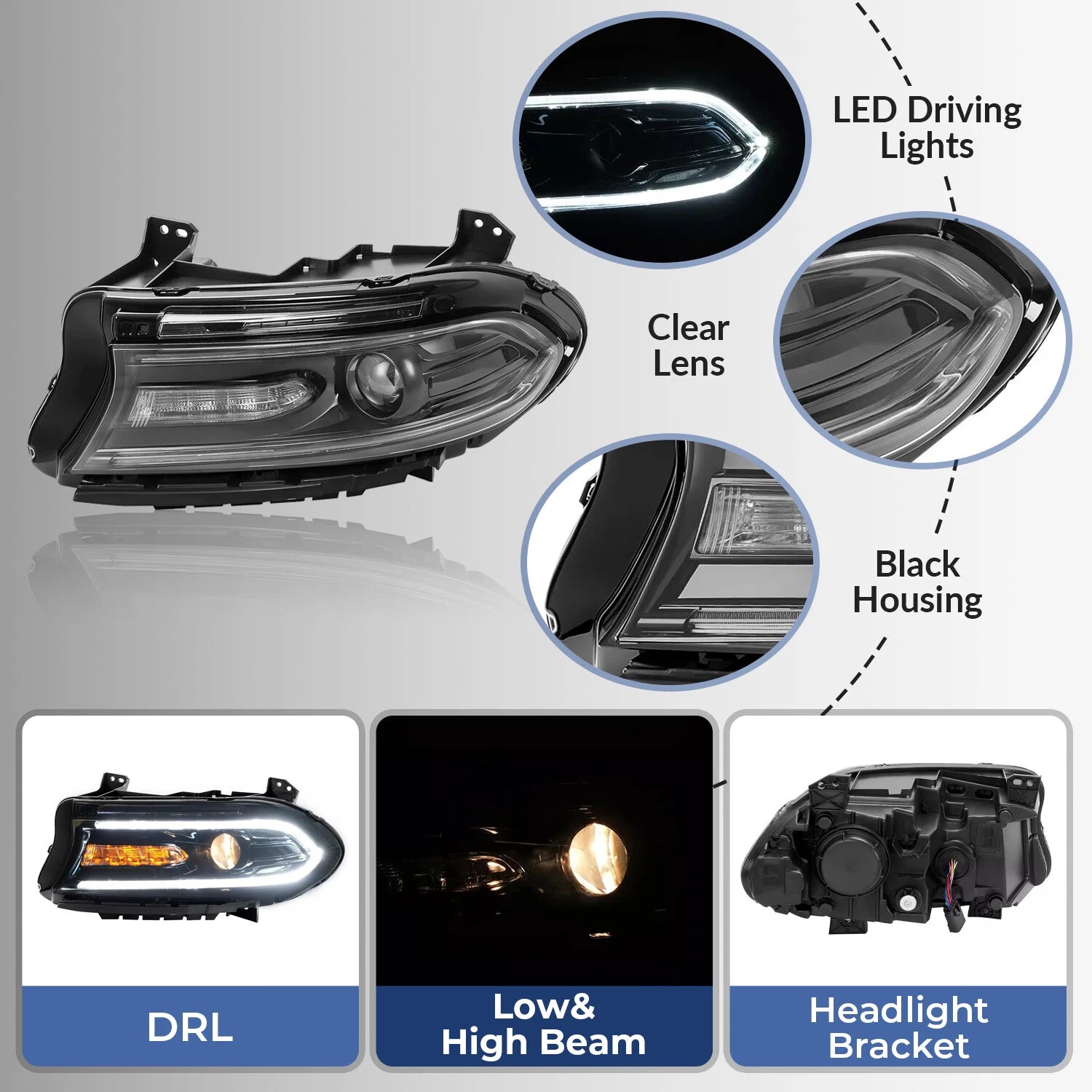 Left Driver Side Headlight Projector Assembly for Dodge Charger (2015–2023) Black