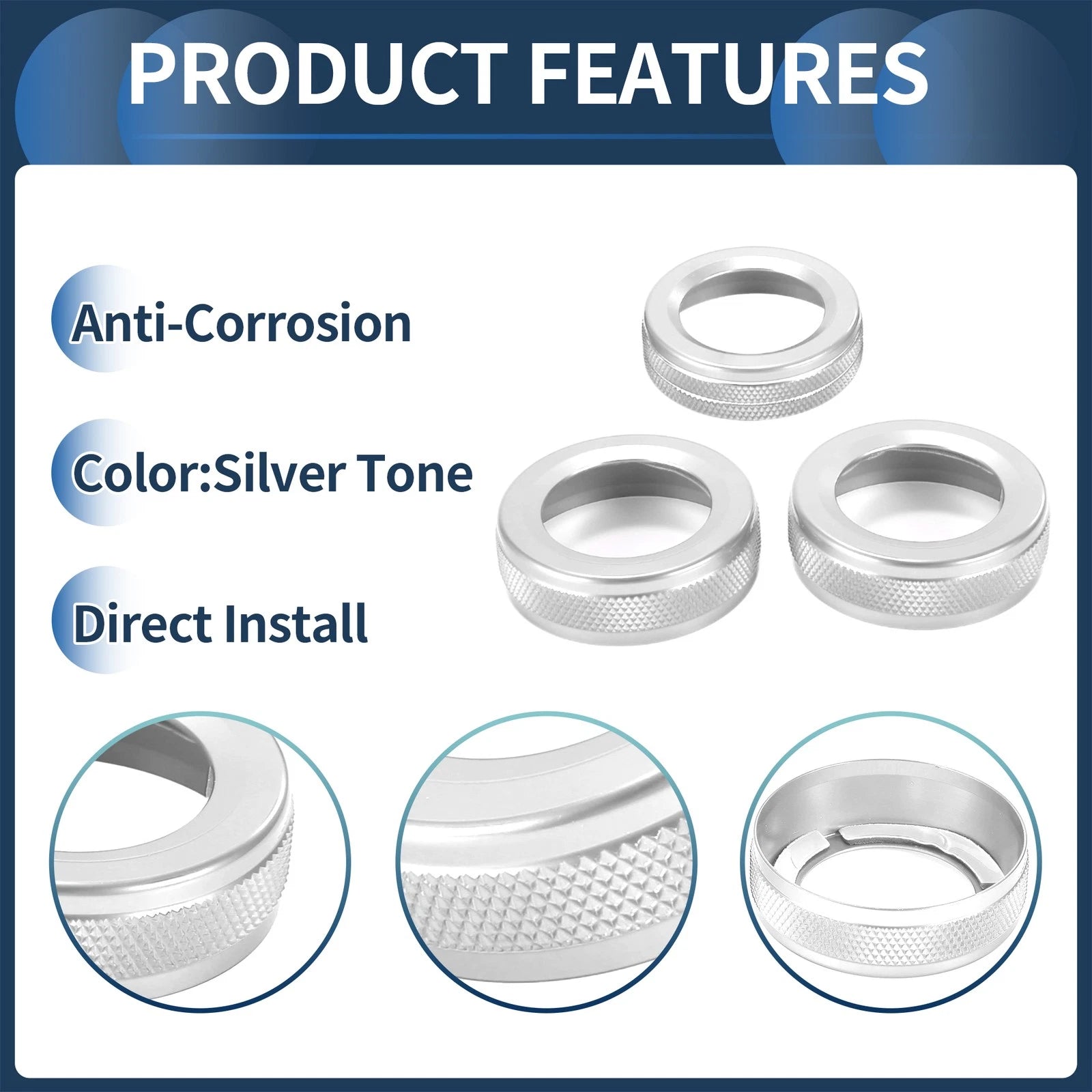 3X AC Media Knob Cover for Mercedes-Benz A B E GLK GLA CLA Class (Silver Tone)