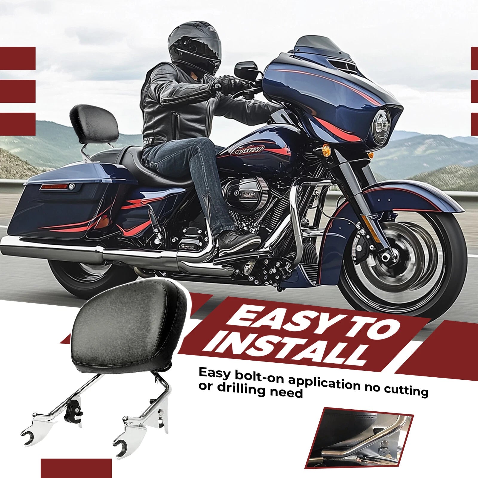 Detachable Low-Profile Backrest Sissy Bar for Harley Touring (2009–2024)