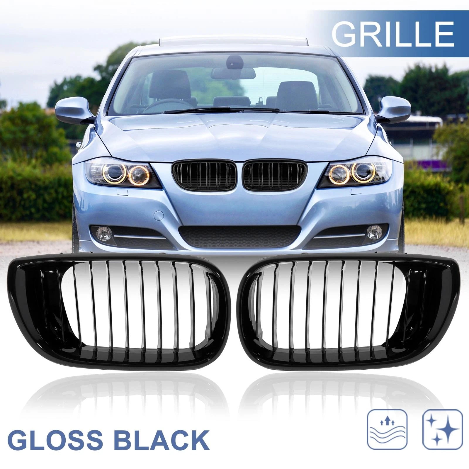 Pair Gloss Black Front Kidney Grille for BMW 3 Series E46 (2002–2004)