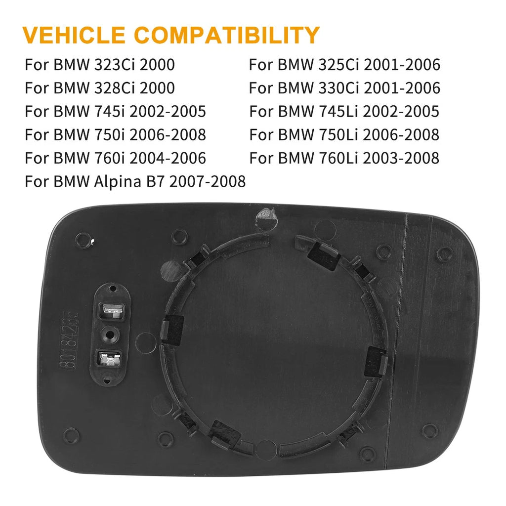 Heated Mirror Glass with Backing Plate Left Side LH for BMW 325Ci 760Li (2001–2006)