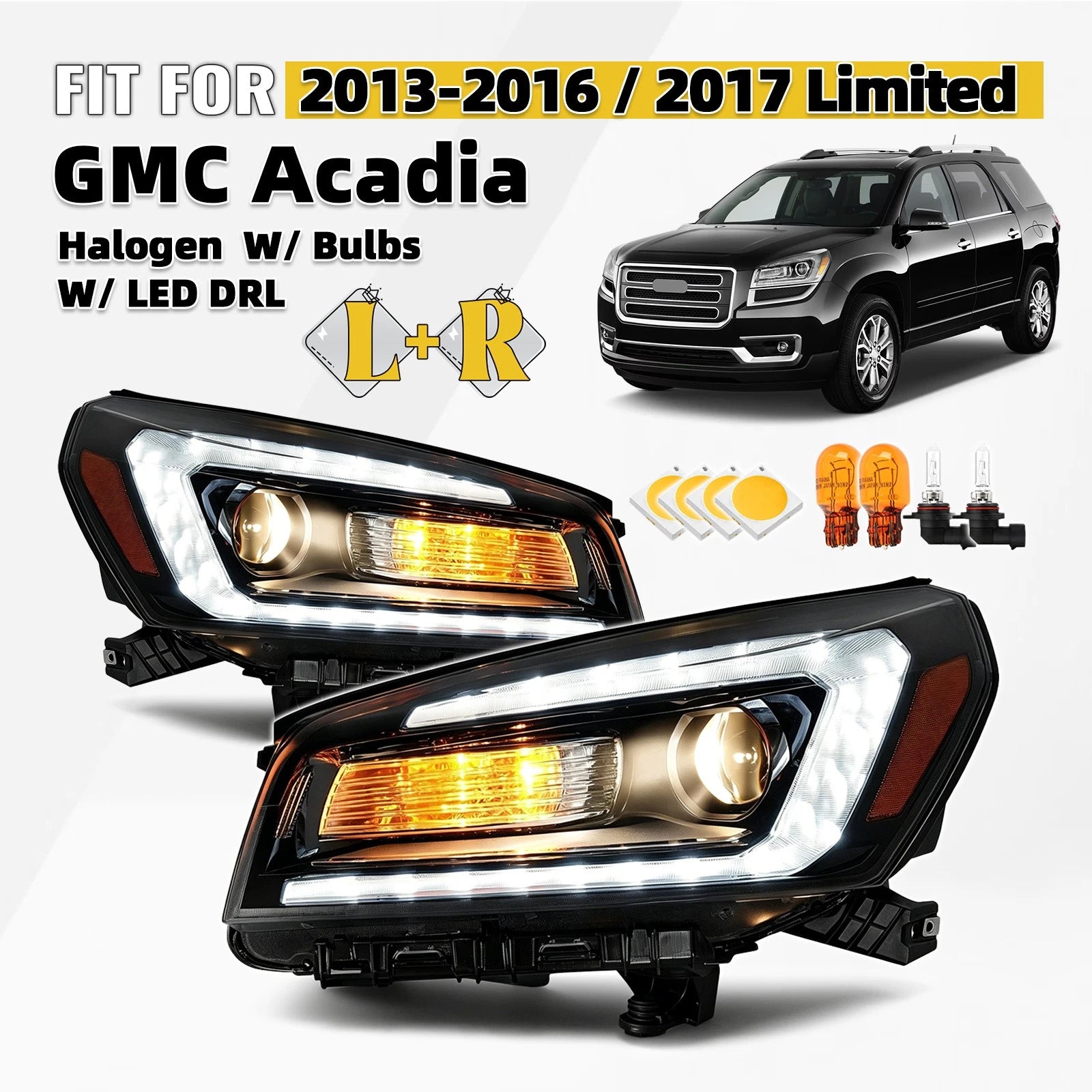 Halogen Headlight w/ LED DRL for GMC Acadia (2013–2016) Left+Right Pair