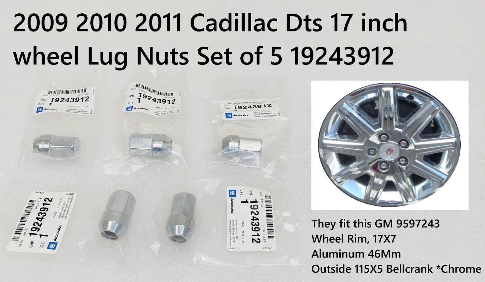 Set of 5 Wheel Lug Nuts for Cadillac DTS (2009–2011) 19243912