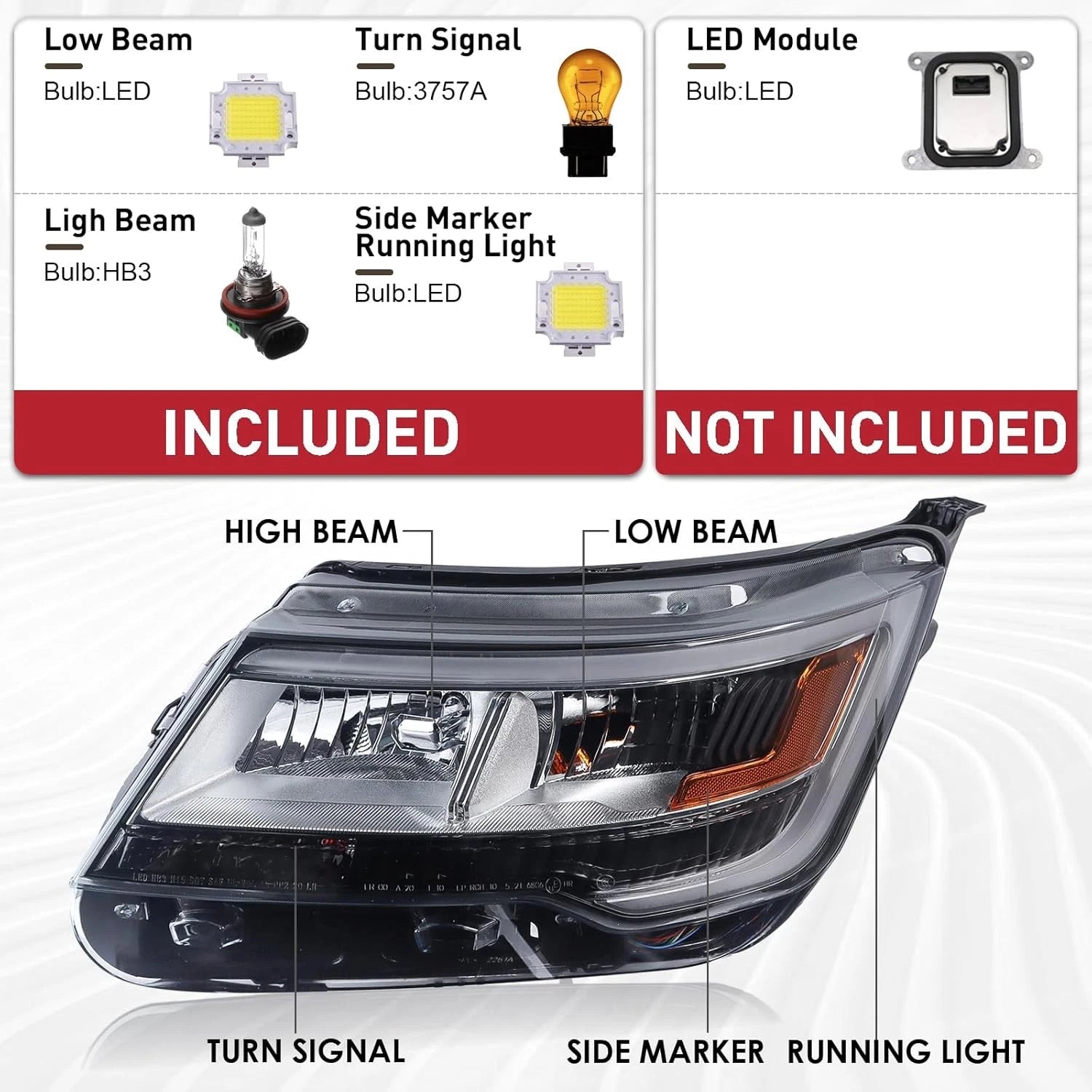 LH+RH Headlight Assembly for Ford Explorer (2016–2019) LED DRL, Chrome