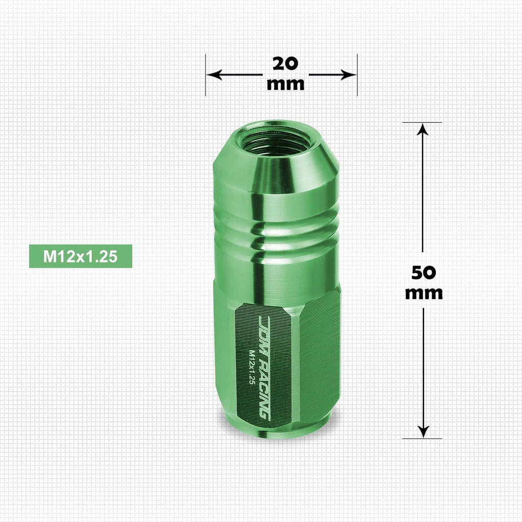 Set of 20 M12X1.25 Green JDM Closed End Cone Hex Wheel Lug Nuts + Extension 20mmx50mm