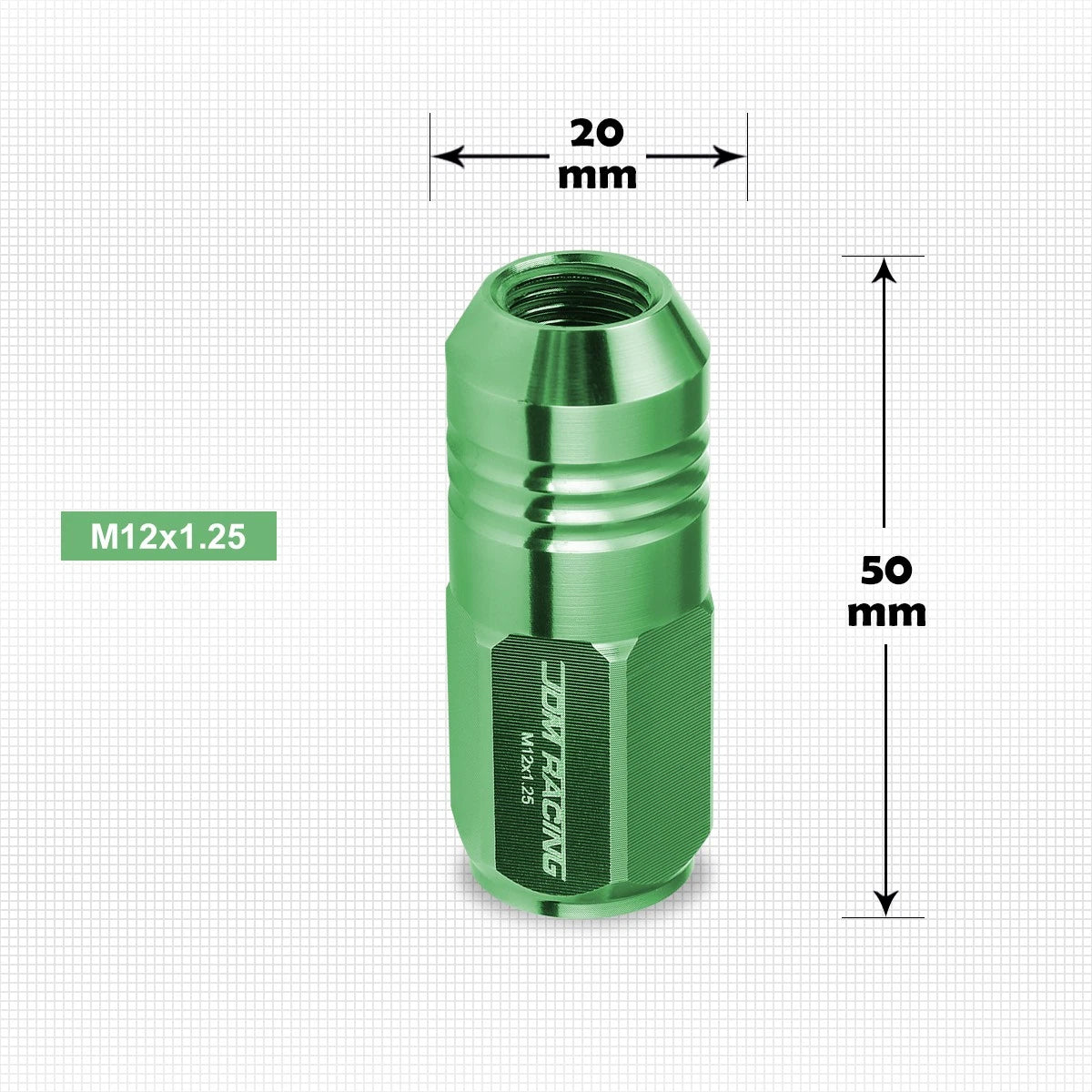 Set of 20 M12X1.25 Green JDM Closed End Cone Hex Wheel Lug Nuts + Extension 20mmx50mm