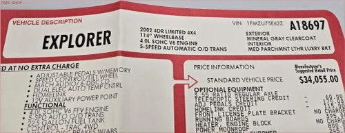 Original Dealer Window Sticker for Ford Explorer 4x4 (2002)
