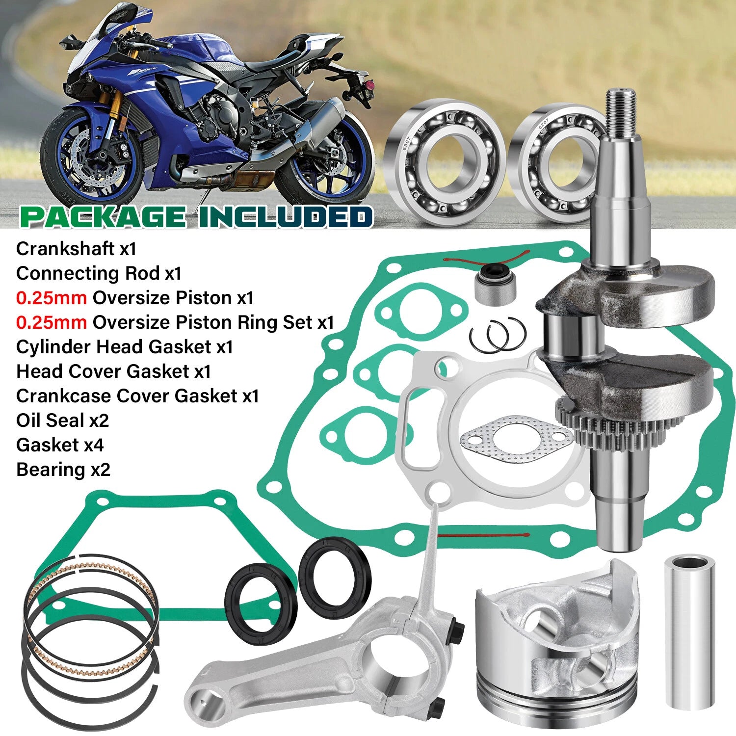 Crankshaft Connecting Rod .25mm O.S Piston Top End Gasket for Yamaha G11 G16 G20