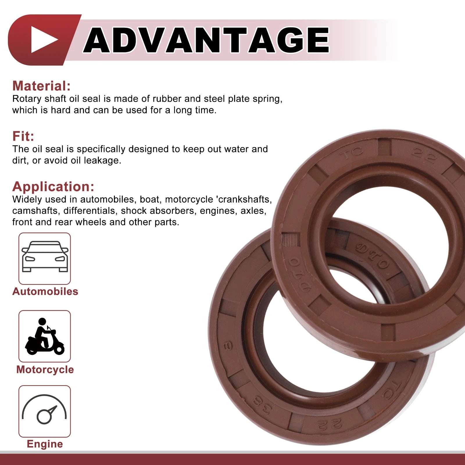 Set of 2 Oil Seal Rotary Shaft Seal FKM Rubber 22x38x8mm