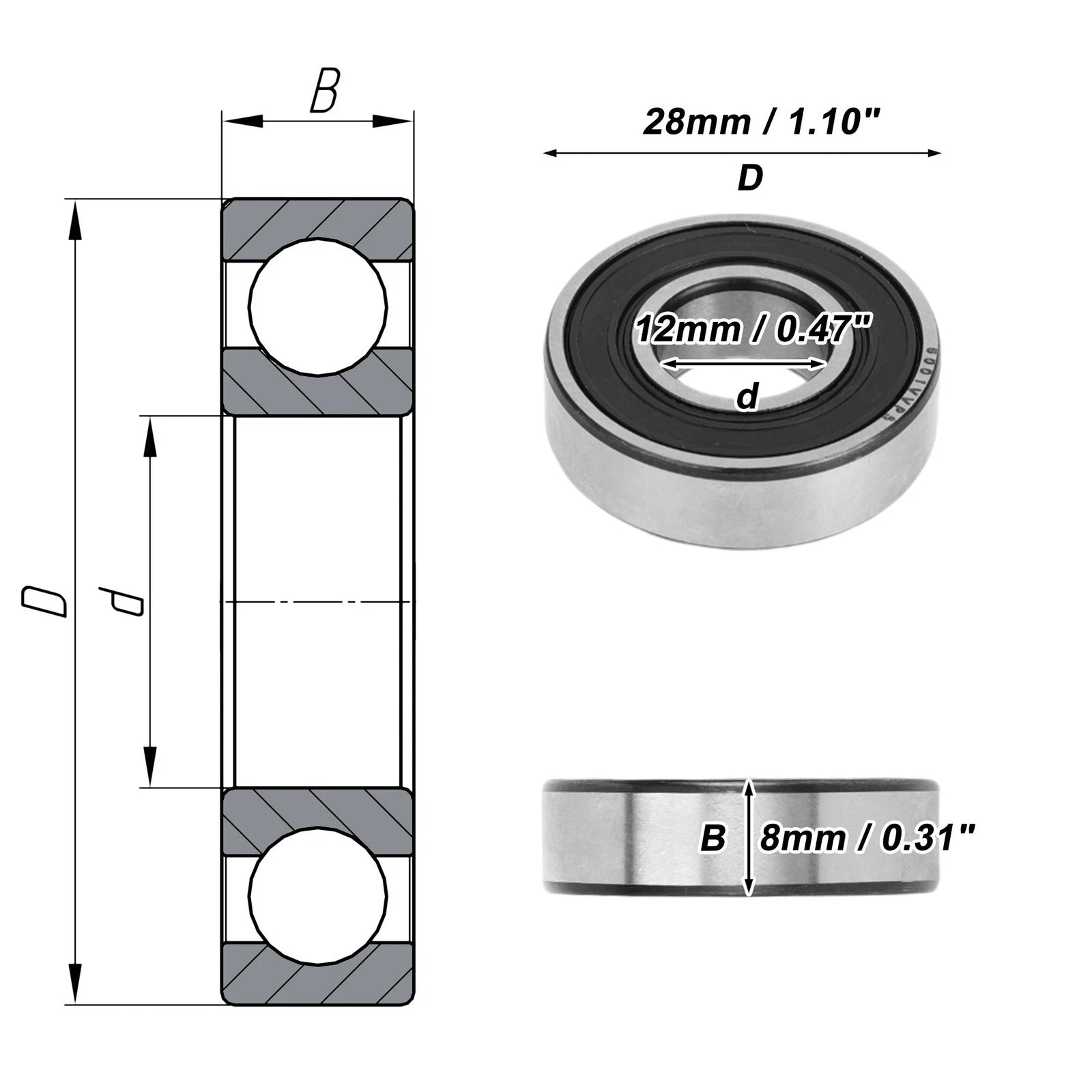 Deep Groove Ball Bearing 12x28x8mm for Scooter Skateboard (6001VV)