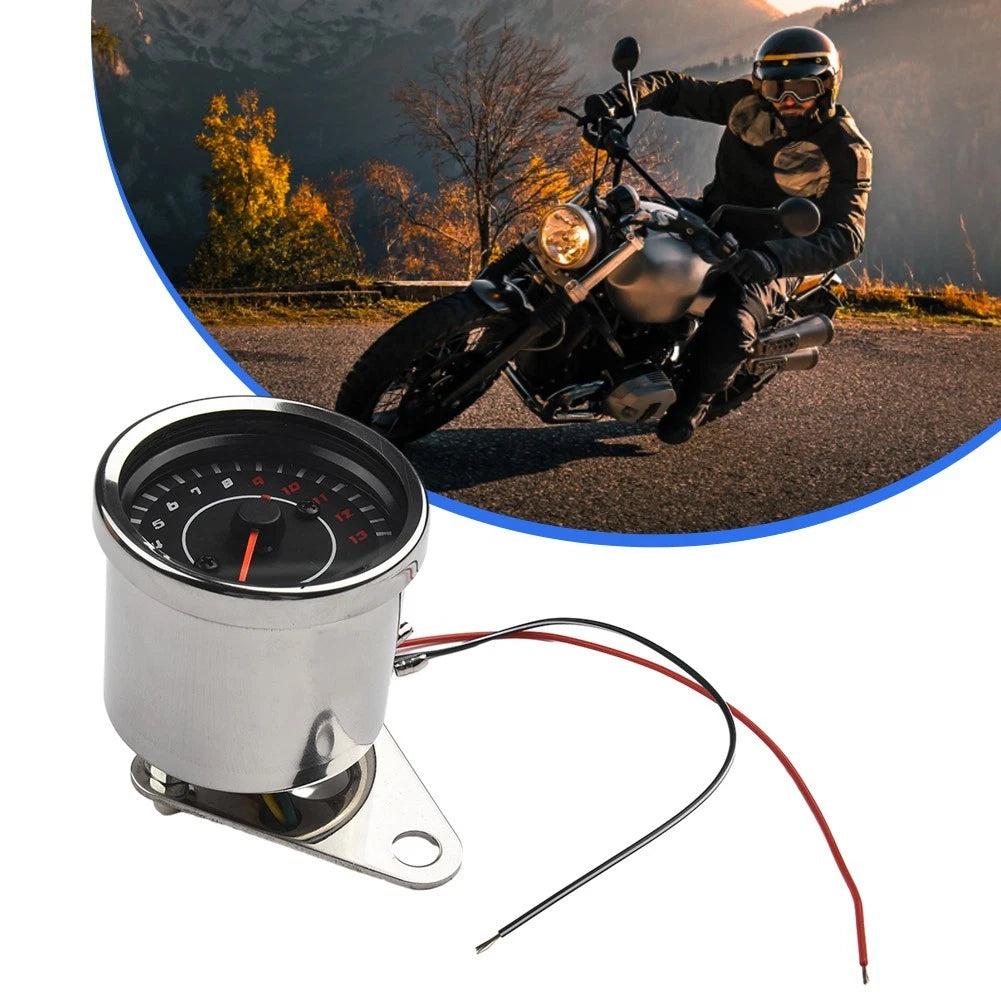 Tachometer for Motorcycle (DC 12V, 6.5cm Diameter, Glass Top, Stainless Steel)