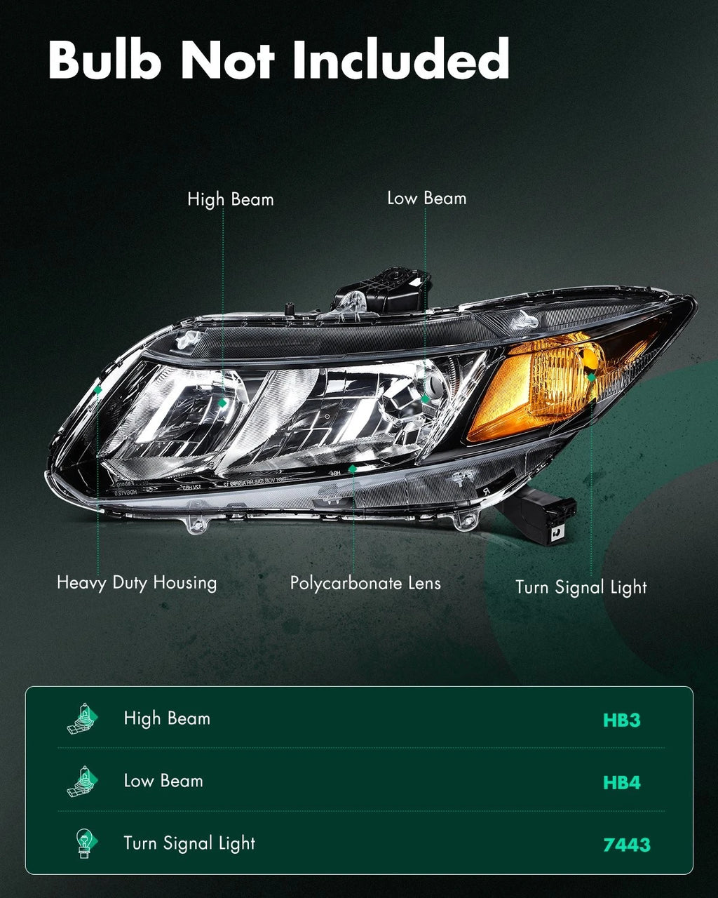 Headlight Assembly Pair for Honda Civic 2012–2015 (1.5L, 1.8L, 2.4L) Black Amber